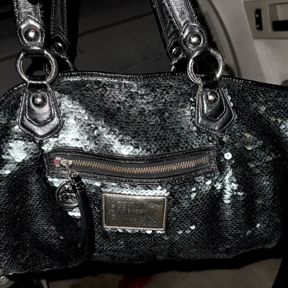 Limited Edition Coach Poppy Black Sequin Rocker Purse Tore Bag Glam Metallic